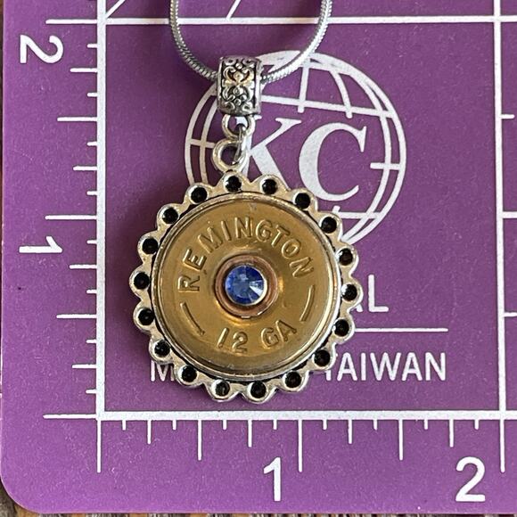 Shotgun Shell 12 Gauge Pendant With Blue Crystal Accent Artisan Made & Crafted - Picture 5 of 5